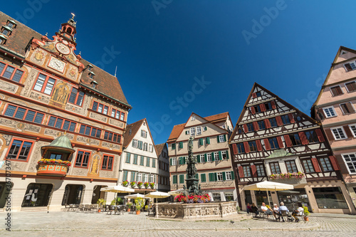 Historic buildings and town hall on the market square of the Southern German city of Tübingen