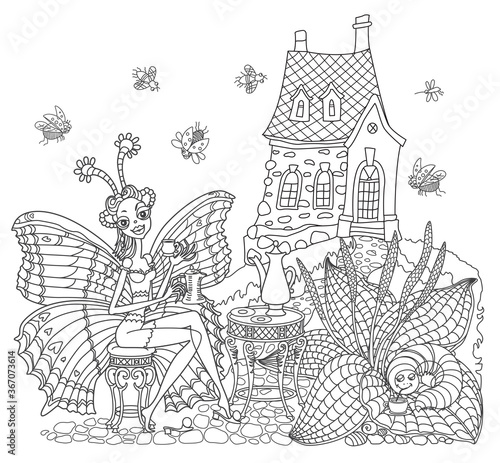 Fairy tale butterfly woman drinking morning coffee at a table near the house and bush of goose grass. Linear contour doodle sketch. Tee-shirt print, adults coloring book page, café menu brochure cover