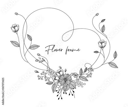 ハートと植物の線画のベクターイラストフレーム枠