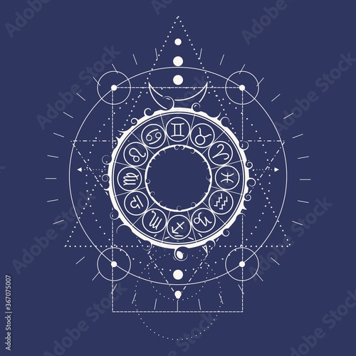 Mystical geometry symbol. Linear alchemy, occult, philosophical sign. Astrology and religion concept. Zodiac circle