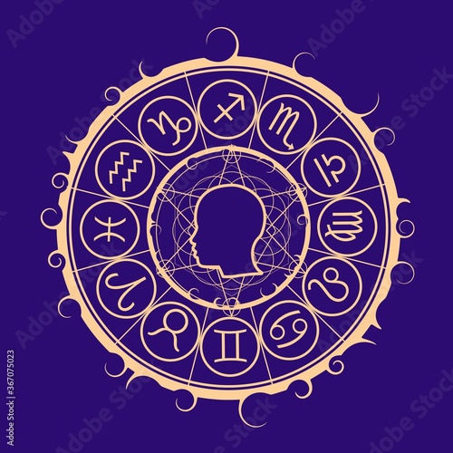 Mystical geometry symbol. Linear alchemy, occult, philosophical sign. Astrology and religion concept. Outline silhouette of human head. Zodiac circle