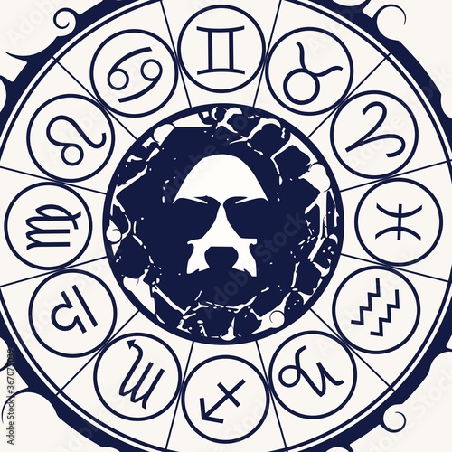 Mystical geometry symbol. Linear alchemy, occult, philosophical sign. Astrology and religion concept. Zodiac circle. Evil man portrait in frame