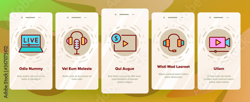 Stream Live Video Onboarding Mobile App Page Screen Vector. Internet Online Play Game Stream, Earphones And Microphone, Streaming Web Site Illustrations