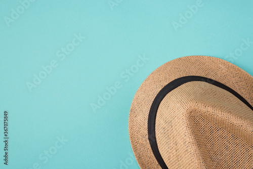 Top above overhead view photo of a hat isolated on turquoise background with copyspace photo