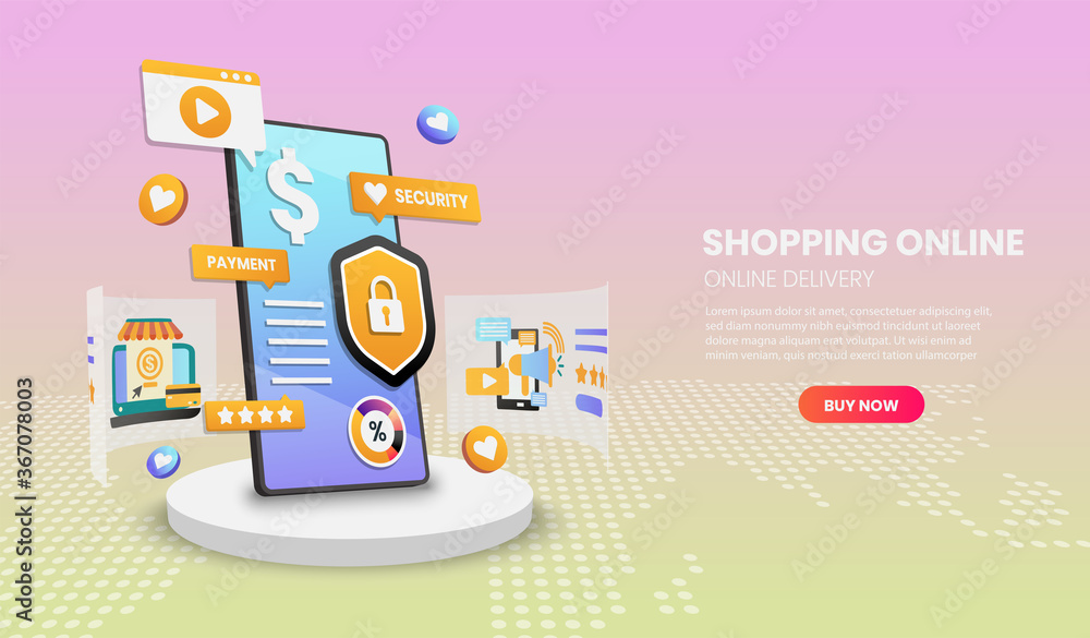 Shopping online on mobile phone. Online delivery service.3d vector illustration. Shopping online on mobile phone. Online delivery service.3d vector illustration.