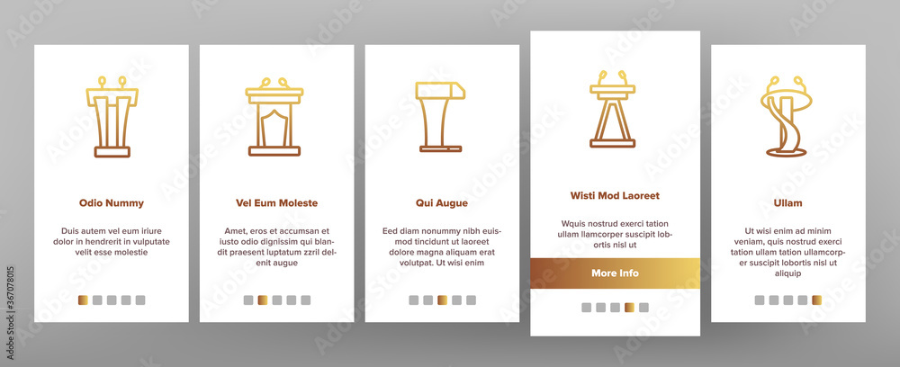 Fototapeta premium Podium Speaker Tool Onboarding Mobile App Page Screen Vector. Podium With Microphone For Debates, Tribune For Reader Or Orator, Classroom Pedestal Illustrations