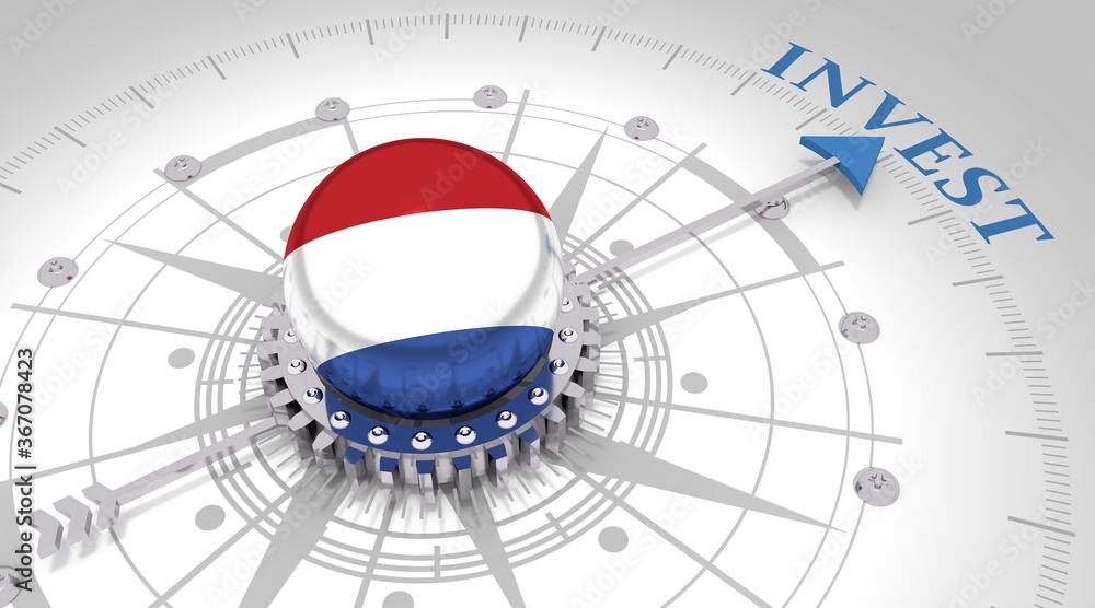 Business concept. Abstract compass points to the invest word. Flag of the Netherlands. 3D rendering Business concept. Abstract compass points to the invest word. Flag of the Netherlands. 3D rendering