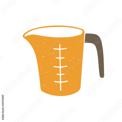 Cute orange measuring cup with brown handle isolated on a transparent background. Vector shabby hand drawn illustration