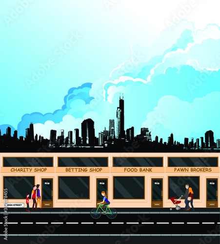 Demise of the high street with the loss of the traditional retailers due to the economic recession set against a blue cloudy sky background
