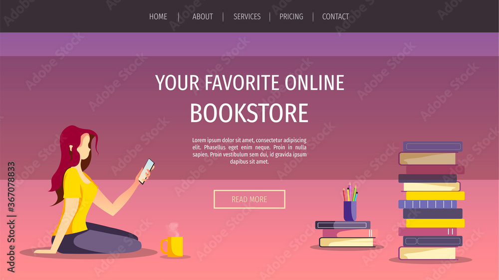 Web page design for bookstore, bookshop, book lovers, E-book reader, E-library. Woman sitting with phone and stacks of books. Vector illustration for poster, banner, advertising.