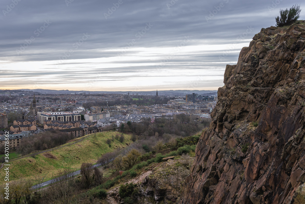 Salisbury Crags in Holyrood Park also called Kings or Queens Park in Edinburgh city, Scotland, UK