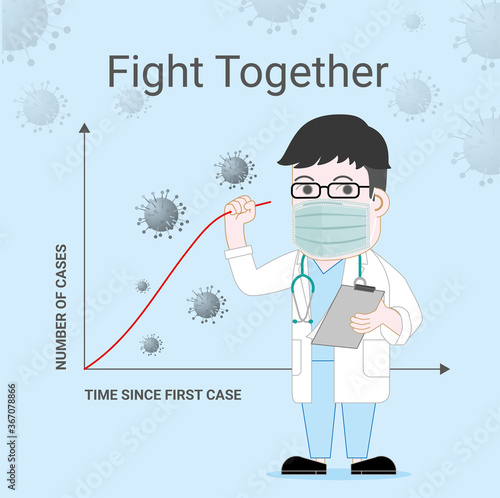 A doctor wearing a medical mask and try to make the infected virus graph down.