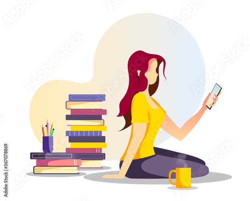 Woman sitting with phone and stacks of books. Bookstore, bookshop, book lovers, E-book reader, E-library concept. Isolated vector illustration for poster, banner, card, cover.