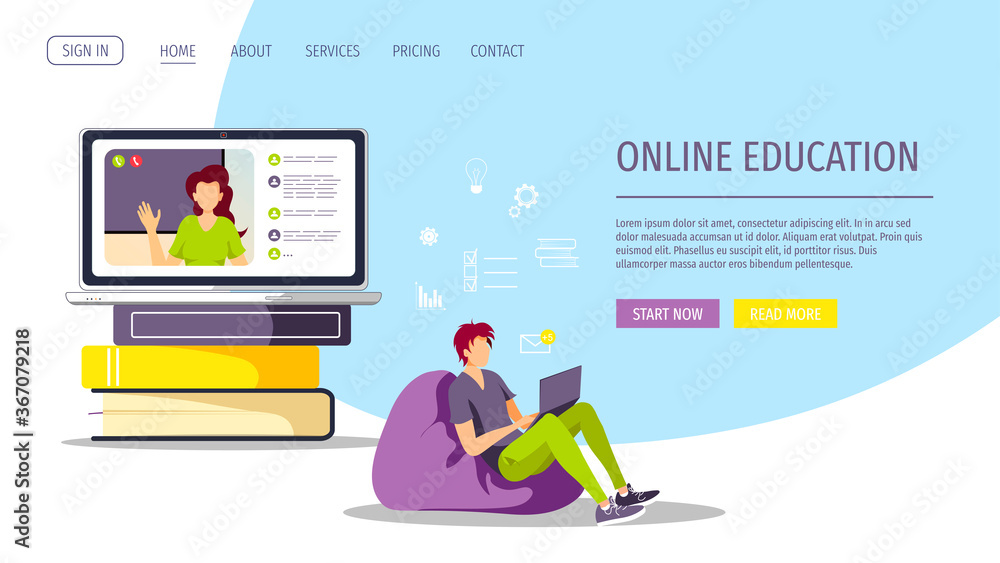 Web page design for Studying, Online training, distance education, e-learning, tutorials and courses. Laptop, books and man in an armchair. Vector illustration for poster, banner, website.