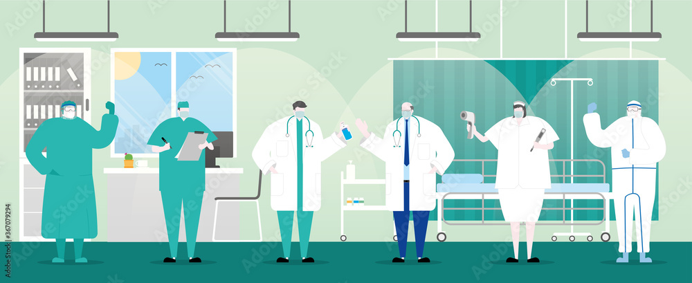 Obraz premium Character design. Group of doctors team standing in the hospital