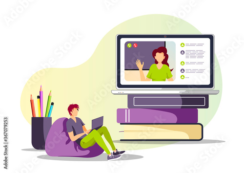 Laptop, books and man in an armchair.  Studying, Online training, distance education, e-learning, tutorials and courses concept. Isolated vector illustration for poster, banner, cover.