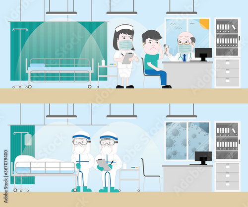 Cartoon style. before and after concept. The man has infected the virus.  Doctor and nurse work in a doctor's office in the hospital.