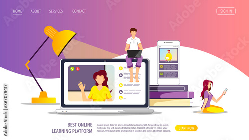 People with devices, books, desk lamp. Studying, Online training, distance education, e-learning, tutorials and courses concept. Vector illustration for poster, banner, website.