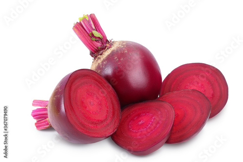 beetroot with half and slice isolated on white background with clipping path and full depth of field