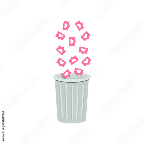 Likes fall into the trash can. Concept: disregard for other people's opinions, outsider. Vector illustration, flat cartoon color design, isolated on white background, eps 10.