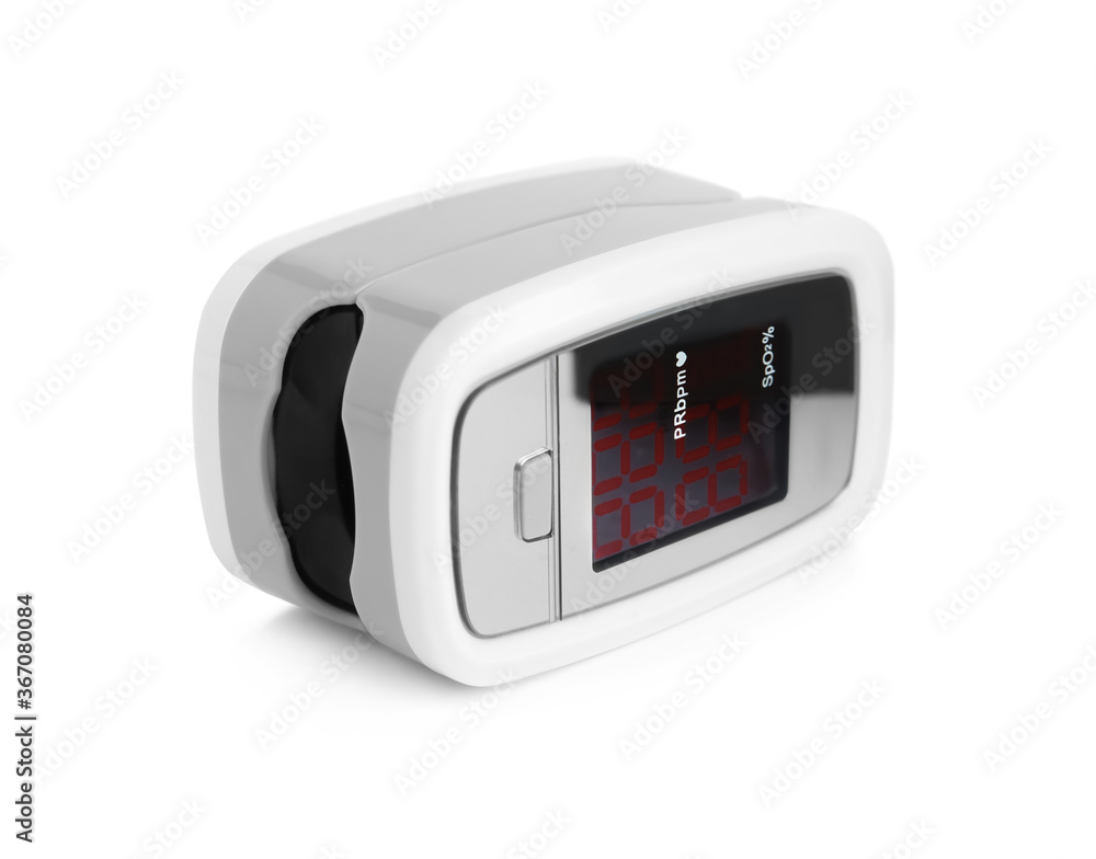 Modern fingertip pulse oximeter isolated on white Modern fingertip pulse oximeter isolated on white