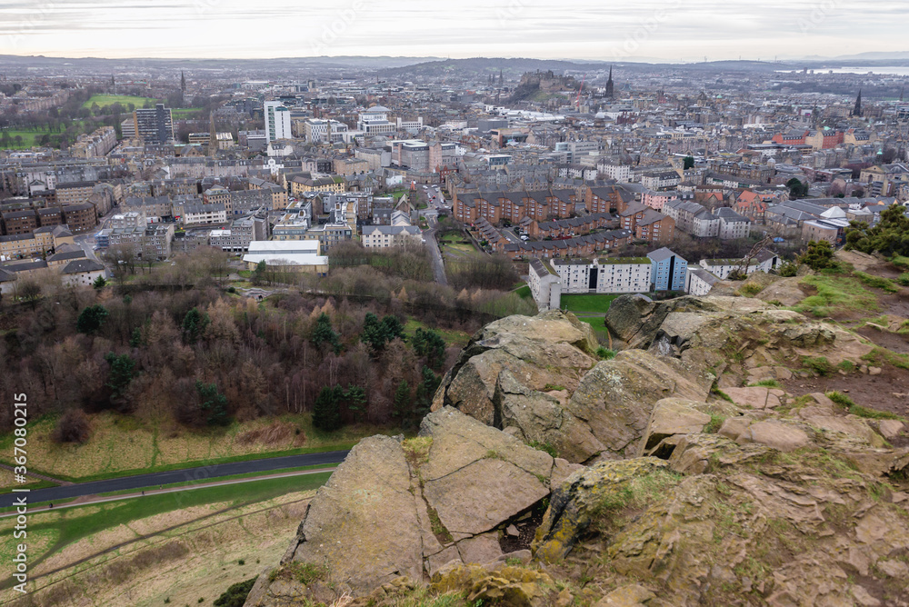 Ediburg city in Scotland seen from Salisbury Crags in Holyrood Park also called Kings or Queens Park