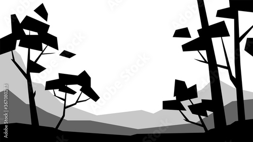 black and white low poly landscape, tree, mountain, hill, rock, silhouette, vector illustration
