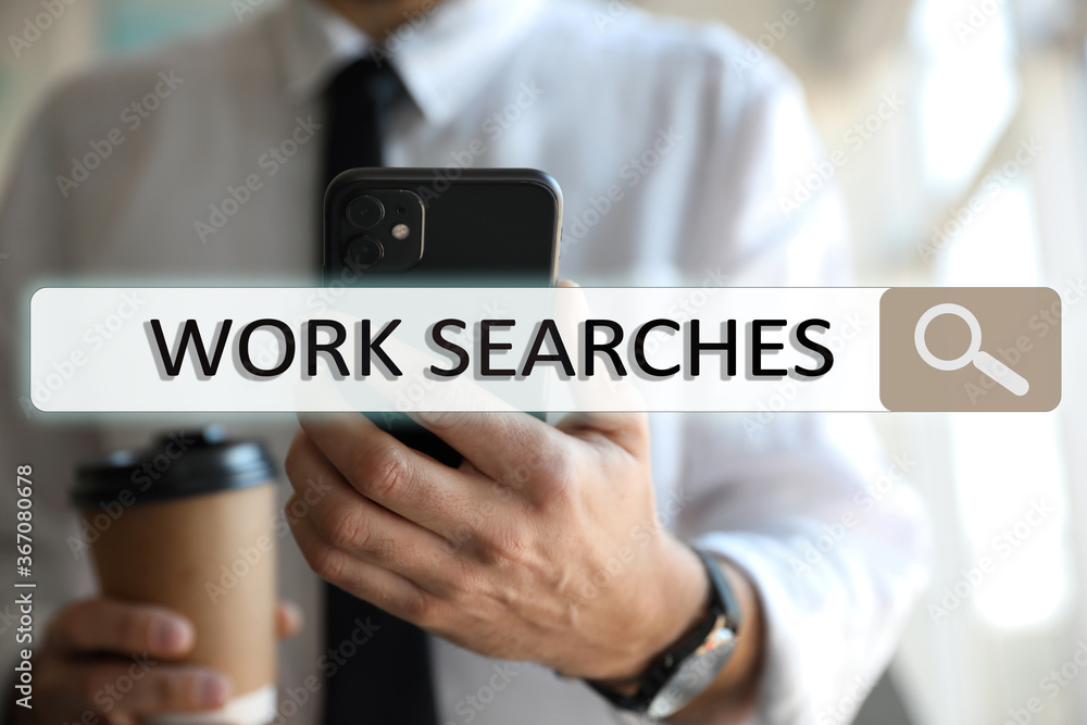 Man with cup of coffee using smartphone for job search, closeup Man with cup of coffee using smartphone for job search, closeup