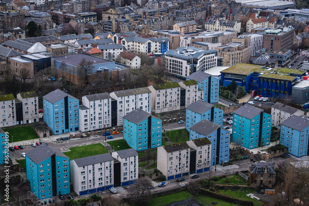 Apartment blocks in Edinburgh city, Scotland, UK seen from Holyrood Park in Edinburgh city, Scotland, UK