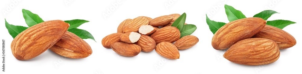 Almonds nuts with leaves isolated on white background with clipping path and full depth of field. Set or collection Almonds nuts with leaves isolated on white background with clipping path and full depth of field. Set or collection