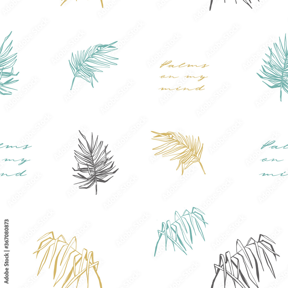 Pastel blue palm leaf tropical quote. Tropical jungle seamless background. Exotic botanical floral illustration. Vector line drawn tropical leaves. Hand drawn contour sketch on white background.