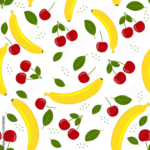 Fruit pattern with the image of a banana, cherry and cherry leaves, vector, white background. Texture, print, design, decoration © Olesya