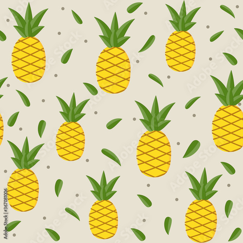 Fruit pattern with the image of the pineapple and leaves, vector beige background. Texture, printing, design, decoration