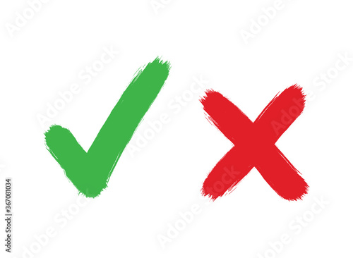 Check mark icon set in green and red.   Check box painted with a brush, isolated on white. Red cross. Check mark icon. Confirm icon. Cancel icon. 