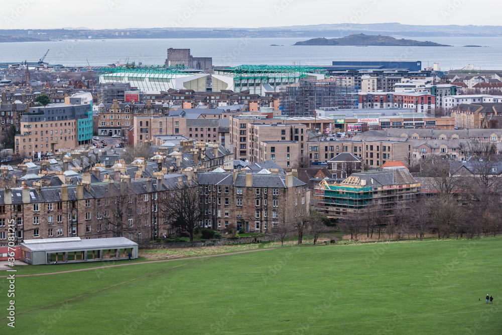 Parade Ground and cityscape of Edinburgh, Scotland, UK seen from Holyrood Park