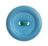 Blue plastic sewing button isolated on white, top view
