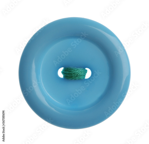 Blue plastic sewing button isolated on white, top view