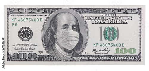 One hundred dollar bill with medical face mask