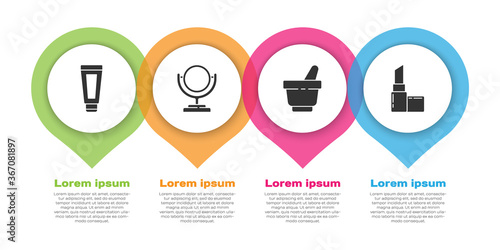 Set Cream or lotion cosmetic tube, Round makeup mirror, Mortar and pestle and Lipstick. Business infographic template. Vector.