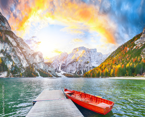 Marvelous scenery of famous alpine lake Braies at autumn