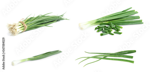 Collage with green spring onions on white background, banner design