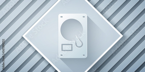 Paper cut Hard disk drive HDD icon isolated on grey background. Paper art style. Vector Illustration.