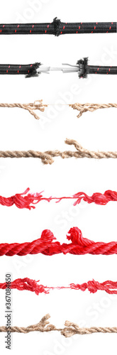 Collage with ruptures of different ropes on white background