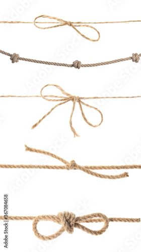 Set of hemp ropes on white background