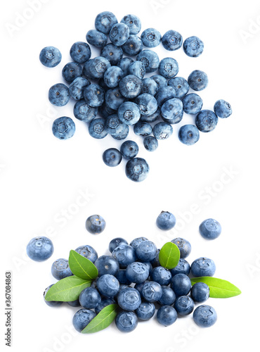 Piles of fresh blueberries on white background