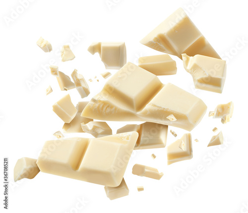 Chocolate explosion, pieces shattering on white background