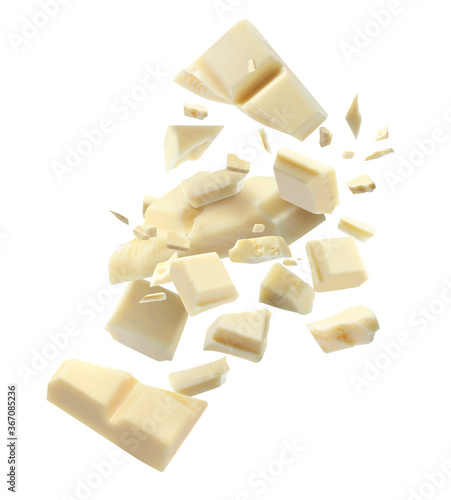 Fotografie Chocolate explosion, pieces shattering on white background