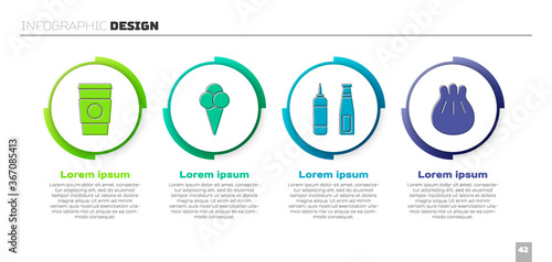 Set Coffee cup to go, Ice cream in waffle cone, Sauce bottle and Khinkali on cutting board. Business infographic template. Vector.