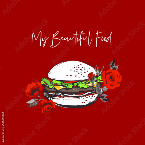 White hamburger and red roses flowers and beautiful food script. Fashion fast food stylish modern textile t-shirt design. Vector fashion sketch. Red background. Vintage fabric print.