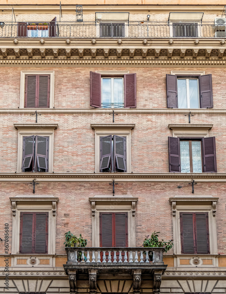 vintage brickwall building facade windows pattern, Rome Italy